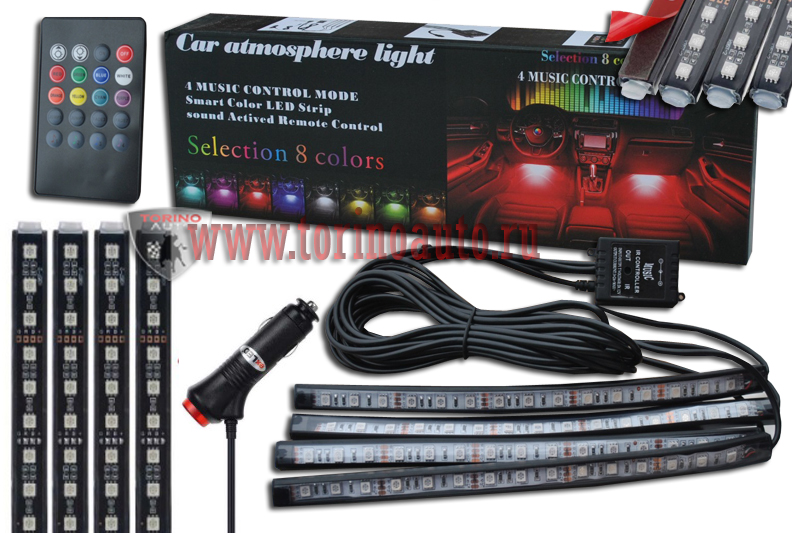 Звукоактивная подсветка салона AT-15LED-4 светодиодных ленты на самоклейке, 8 цветов, 4 муз. режима,