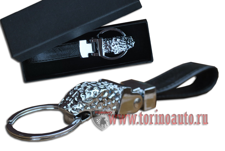 Брелок AA0741 - Без логотипа - черная кожа, хром,кольцо, голова Леопарда, в подарочной упаковке /AA0