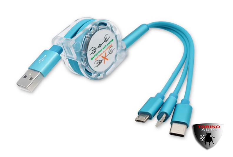 Кабель переходник WF-722-1 95 см 3в1 РУЛЕТКА для Android Type-C+MINI USB+iPHONE iPAD MINI USB голубо
