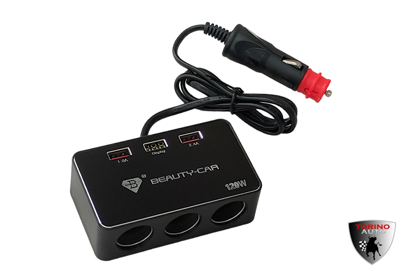Разветвитель прикуривателя на 3 гнезда (10-30V)+2USB (1,0A, 2.4A) с дисплеем B-085 черный